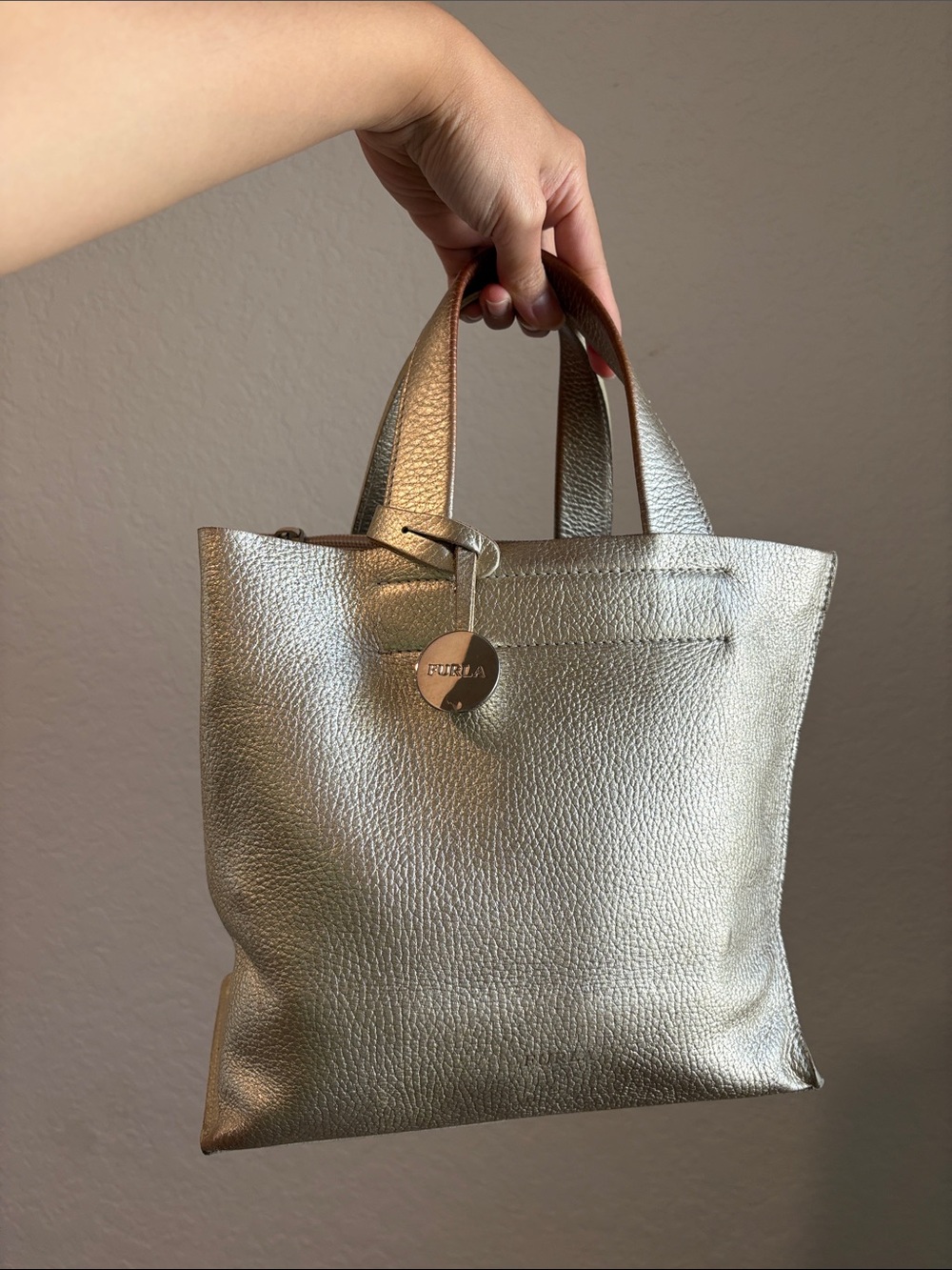 Furla Metallic Gold Leather Mini Tote Bag
